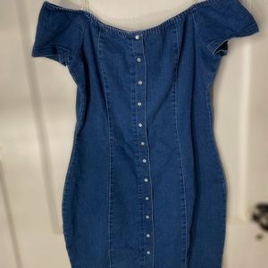 off the shoulder denim dress (midi) button up + zipper